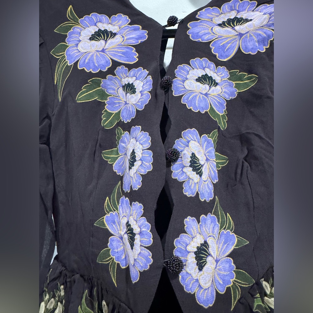NWT Farm Rio Ruffled Tiered Printed Georgette Midi Dress Black and Purple - Picture 6 of 10